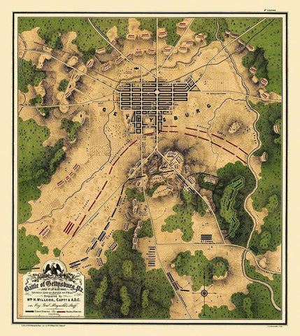 Battle of Gettysburg Pennsylvania - Willcox 1863 Black Ornate Wood Framed Art Print with Double Matting by Willcox