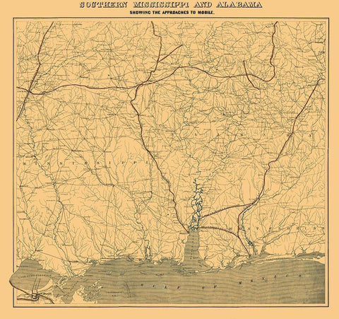 Southern Mississippi Alabama Approaches Mobile Black Ornate Wood Framed Art Print with Double Matting by Bache