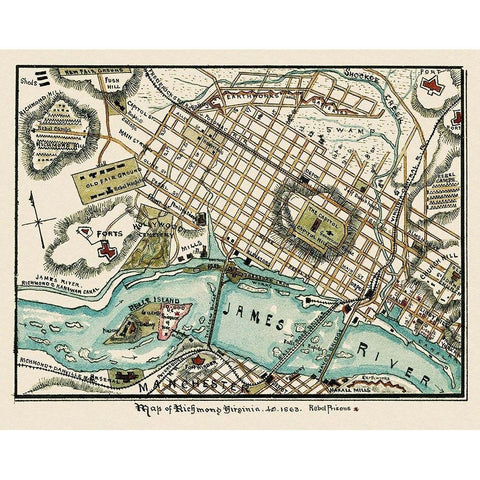 Richmond Virginia - Sneden 1863 Black Modern Wood Framed Art Print by Sneden