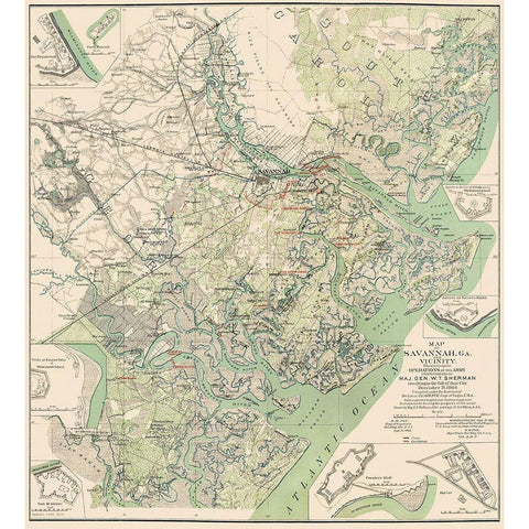 Savannah Georgia and Vicinity - Sherman 1864 Black Modern Wood Framed Art Print with Double Matting by Sherman