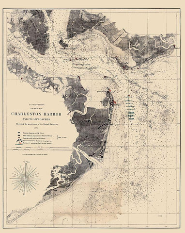 Charleston Harbor South Carolina - Bache 1863 Black Ornate Wood Framed Art Print with Double Matting by Bache