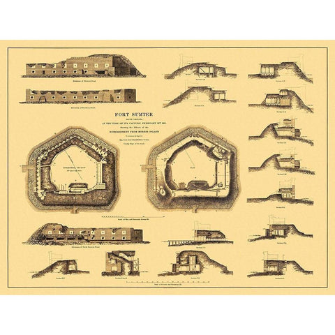 Fort Sumter at Time of Capture - Bien 1865 Black Modern Wood Framed Art Print by Bien