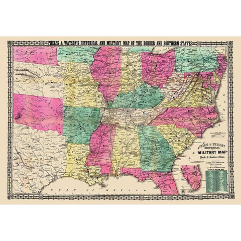 Military Border Southern States - Phelps 1863 Black Modern Wood Framed Art Print with Double Matting by Phelps
