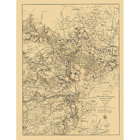 Civil War Virginia Forts Roads - US War Dept 1865 Black Modern Wood Framed Art Print with Double Matting by USWD