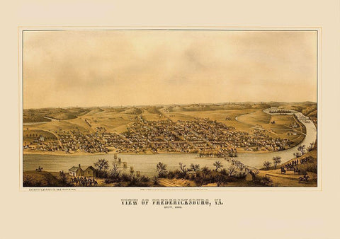 Fredericksburg Virginia Panoramic - Sachse 1862 Black Ornate Wood Framed Art Print with Double Matting by Sachse