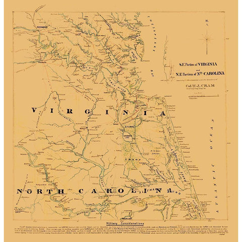 Virginia North Carolina - Cram 1860 Gold Ornate Wood Framed Art Print with Double Matting by Cram