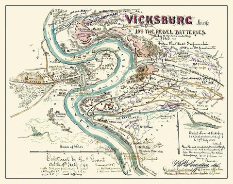 Vicksburg Mississippi Rebel Batteries White Modern Wood Framed Art Print with Double Matting by Sherman