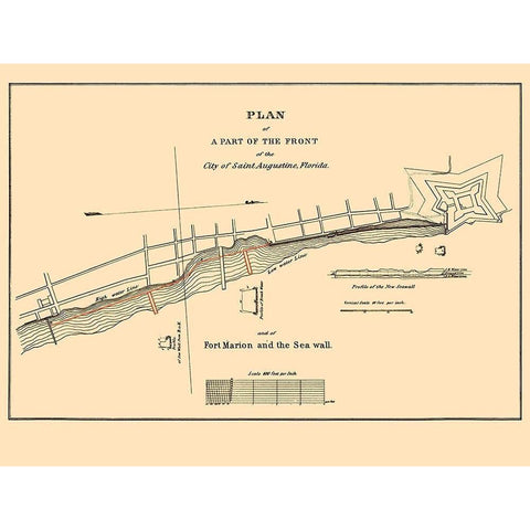 St Augustine, Fort Marion, Sea Wall Florida Black Modern Wood Framed Art Print with Double Matting by Duney