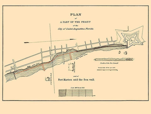 St Augustine, Fort Marion, Sea Wall Florida White Modern Wood Framed Art Print with Double Matting by Duney