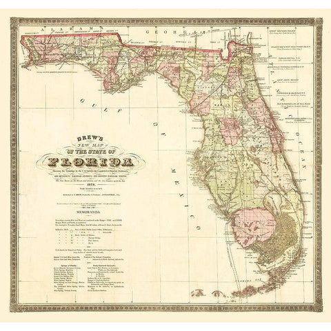 Florida Railroads - Drew 1874  Black Modern Wood Framed Art Print by Drew
