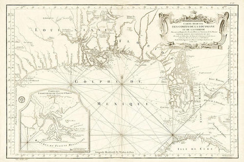 Louisiana Florida Gulf Coast - Bellin 1764  Black Ornate Wood Framed Art Print with Double Matting by Bellin