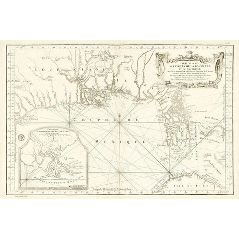 Louisiana Florida Gulf Coast - Bellin 1764  Gold Ornate Wood Framed Art Print with Double Matting by Bellin