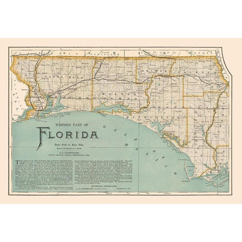 Western Florida - Langellier 1890  Black Modern Wood Framed Art Print by Langellier