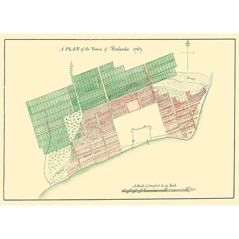 Pensacola Florida Plan - 1767 Gold Ornate Wood Framed Art Print with Double Matting by Unknown