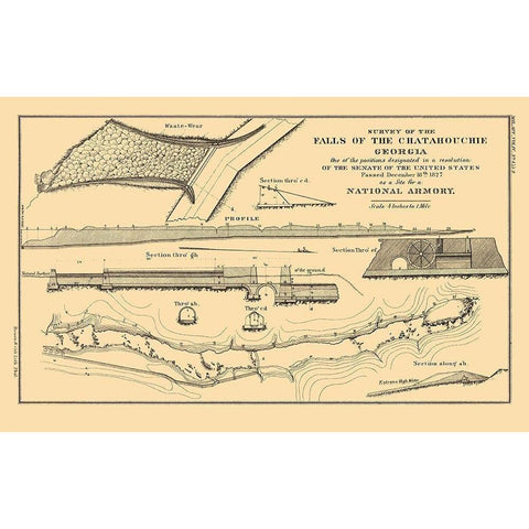 Chattahoochee Falls Armory Georgia - Bowen 1827 Gold Ornate Wood Framed Art Print with Double Matting by Bowen