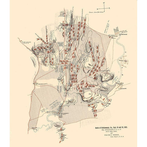 Chickamauga Georgia Battle - Morris 1863  Gold Ornate Wood Framed Art Print with Double Matting by Morris