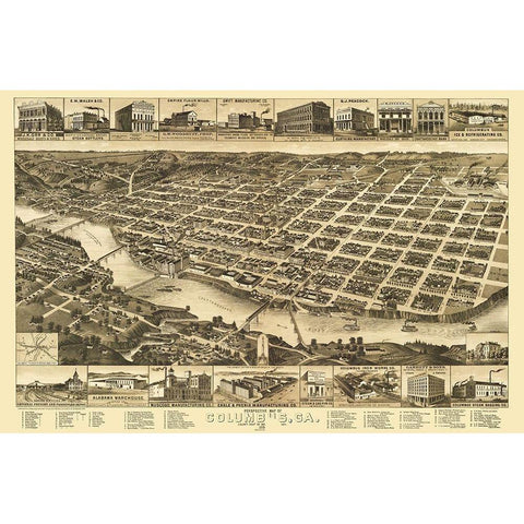 Columbus Georgia - Wellge 1886 Gold Ornate Wood Framed Art Print with Double Matting by Wellge