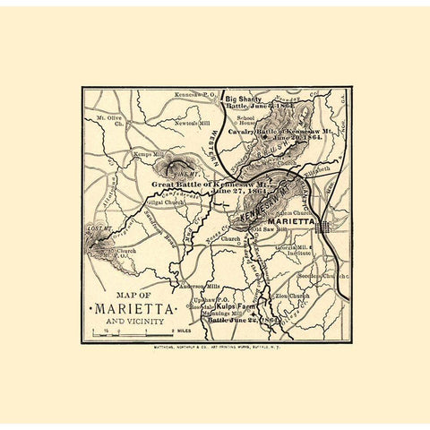 Marietta Georgia Vicinity Battles - Northrup 1864  Gold Ornate Wood Framed Art Print with Double Matting by Northrup