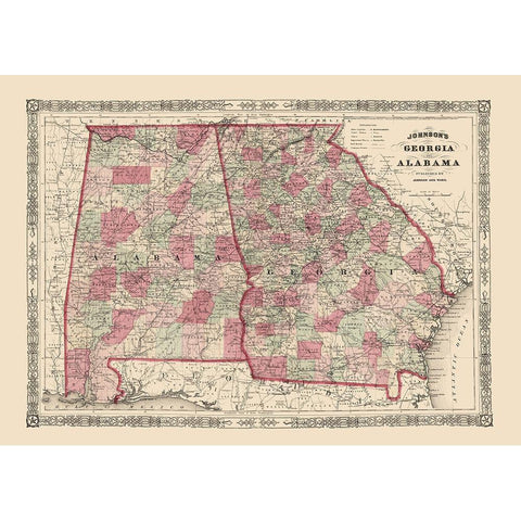 Georgia, Alabama - Johnson 1864 Gold Ornate Wood Framed Art Print with Double Matting by Johnson