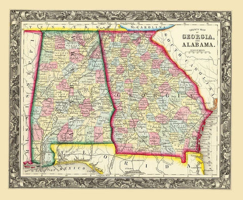 Georgia, Alabama - Mitchell 1860 Black Ornate Wood Framed Art Print with Double Matting by Mitchell