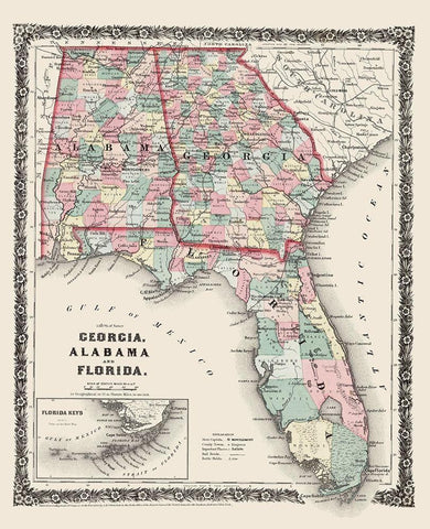 Georgia, Alabama, Florida - Colton 1858 Black Ornate Wood Framed Art Print with Double Matting by Colton