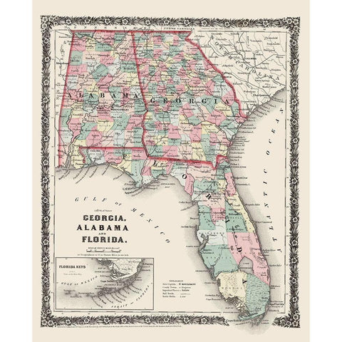 Georgia, Alabama, Florida - Colton 1858 Gold Ornate Wood Framed Art Print with Double Matting by Colton