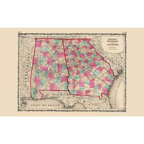 Georgia, Alabama - Johnson 1860 Black Modern Wood Framed Art Print with Double Matting by Johnson