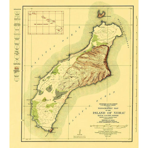 Niihau Island Hawaii - USGS 1929 Gold Ornate Wood Framed Art Print with Double Matting by USGS