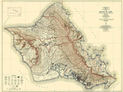 Oahu Island Hawaii - USGS 1938 White Modern Wood Framed Art Print with Double Matting by USGS