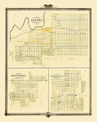 Algona, Boone, Boonsboro Iowa - Andreas 1874 Black Ornate Wood Framed Art Print with Double Matting by Andreas