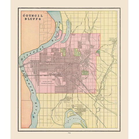 Council Bluffs  Iowa - Cram 1892 Gold Ornate Wood Framed Art Print with Double Matting by Cram