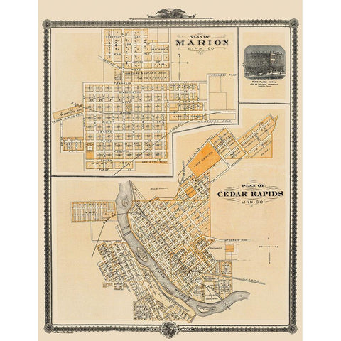 Cedar Rapids, Marion Iowa - Shober 1875 Black Modern Wood Framed Art Print with Double Matting by Shober