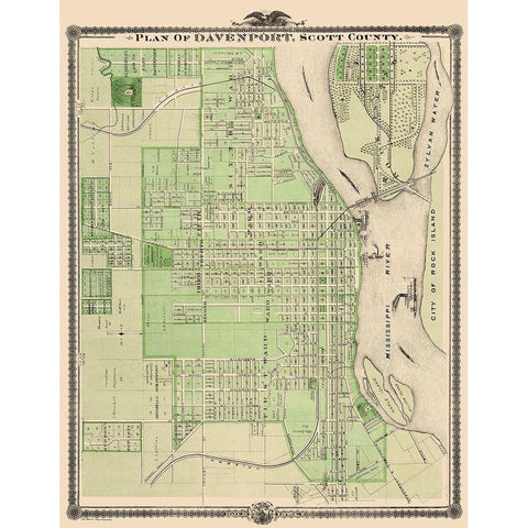 Davenport Iowa Landowner - Shober 1875 Gold Ornate Wood Framed Art Print with Double Matting by Shober