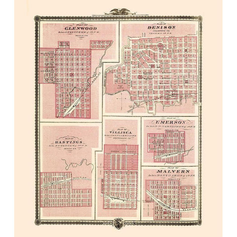 Glenwood, Denison, Hastings Iowa - Andreas 1874 Gold Ornate Wood Framed Art Print with Double Matting by Andreas