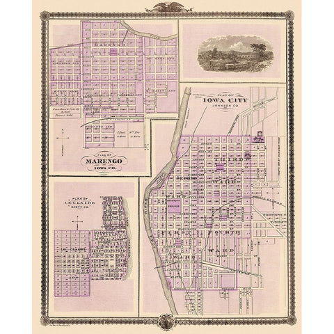 Iowa City, Marengo, Le Claire Iowa - Shober 1875 Black Modern Wood Framed Art Print by Shober