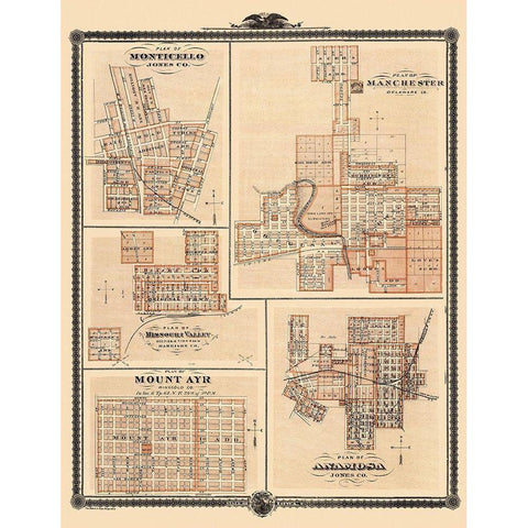 Monticello, Mount Ayre, Anamosa Iowa - Shober 1875 Black Modern Wood Framed Art Print by Shober
