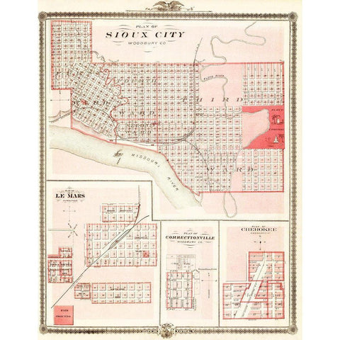 Sioux City, Le Mars Iowa - Andreas 1875 Gold Ornate Wood Framed Art Print with Double Matting by Andreas