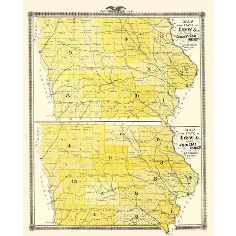 Iowa with Congressional, Judicial Districts  1874 Gold Ornate Wood Framed Art Print with Double Matting by Andreas