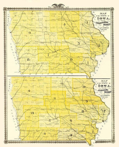 Iowa with Congressional, Judicial Districts  1874 Black Ornate Wood Framed Art Print with Double Matting by Andreas