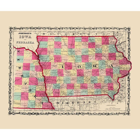 Nebraska, Iowa - Johnson 1860 Black Modern Wood Framed Art Print with Double Matting by Johnson