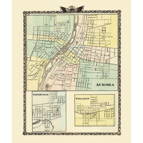 Aurora, Wheaton, Naperville Illinois - Warner 1870 Gold Ornate Wood Framed Art Print with Double Matting by Warner