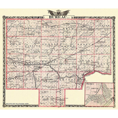 Bureau Illinois Landowner - Warner 1876 Black Modern Wood Framed Art Print with Double Matting by Warner