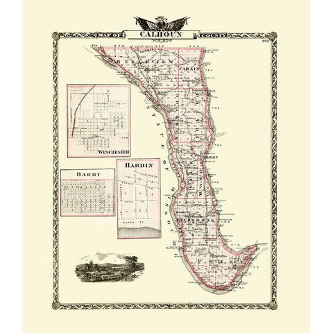 Calhoun Illinois - Warner 1876 Black Modern Wood Framed Art Print with Double Matting by Warner