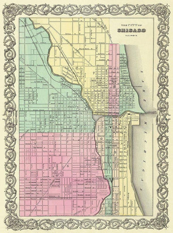 Chicago Illinois - Colton 1855 Black Ornate Wood Framed Art Print with Double Matting by Colton