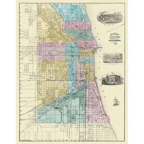 Chicago Illinois Plat - Blanchard 1869 Black Modern Wood Framed Art Print with Double Matting by Blanchard