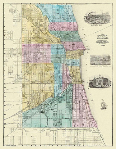 Chicago Illinois Plat - Blanchard 1869 Black Ornate Wood Framed Art Print with Double Matting by Blanchard