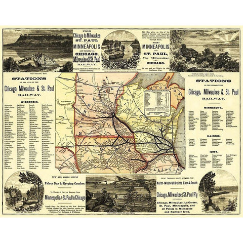 Chicago, Milwaukee and St Paul Railroad - 1874 Black Modern Wood Framed Art Print with Double Matting by Rand McNally