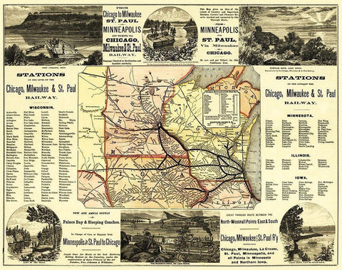 Chicago, Milwaukee and St Paul Railroad - 1874 Black Ornate Wood Framed Art Print with Double Matting by Rand McNally
