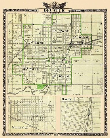 Decatur, Sullivan Illinois Landowner - Warner 1876 Black Ornate Wood Framed Art Print with Double Matting by Warner