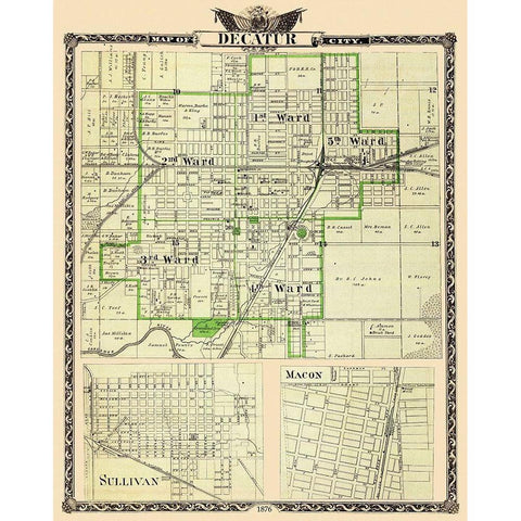 Decatur, Sullivan Illinois Landowner - Warner 1876 Gold Ornate Wood Framed Art Print with Double Matting by Warner